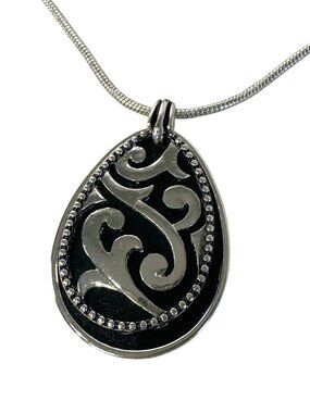 Napier Silver-Tone Scroll Design Pendant Necklace Black Enamel Teardrop Pendant